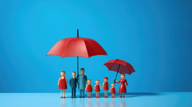 plastic figures form family protected by red umbrella insurance concept created with generative ai t